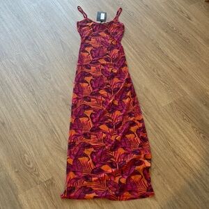 NWT PrettyLittleThing Vibrant Pink and Orange Leaf Print Mesh Beach Dress
